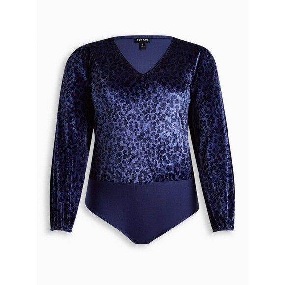 NWT Torrid 3X Blue Leopard Print Stretch Velvet V-Neck Long Sleeve Bodysuit - Picture 5 of 8